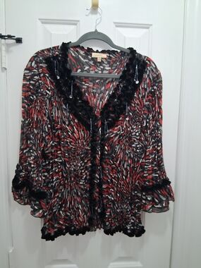 Choices Red, Black & White Sheer Ruffle-Trim V-Neck Blouse